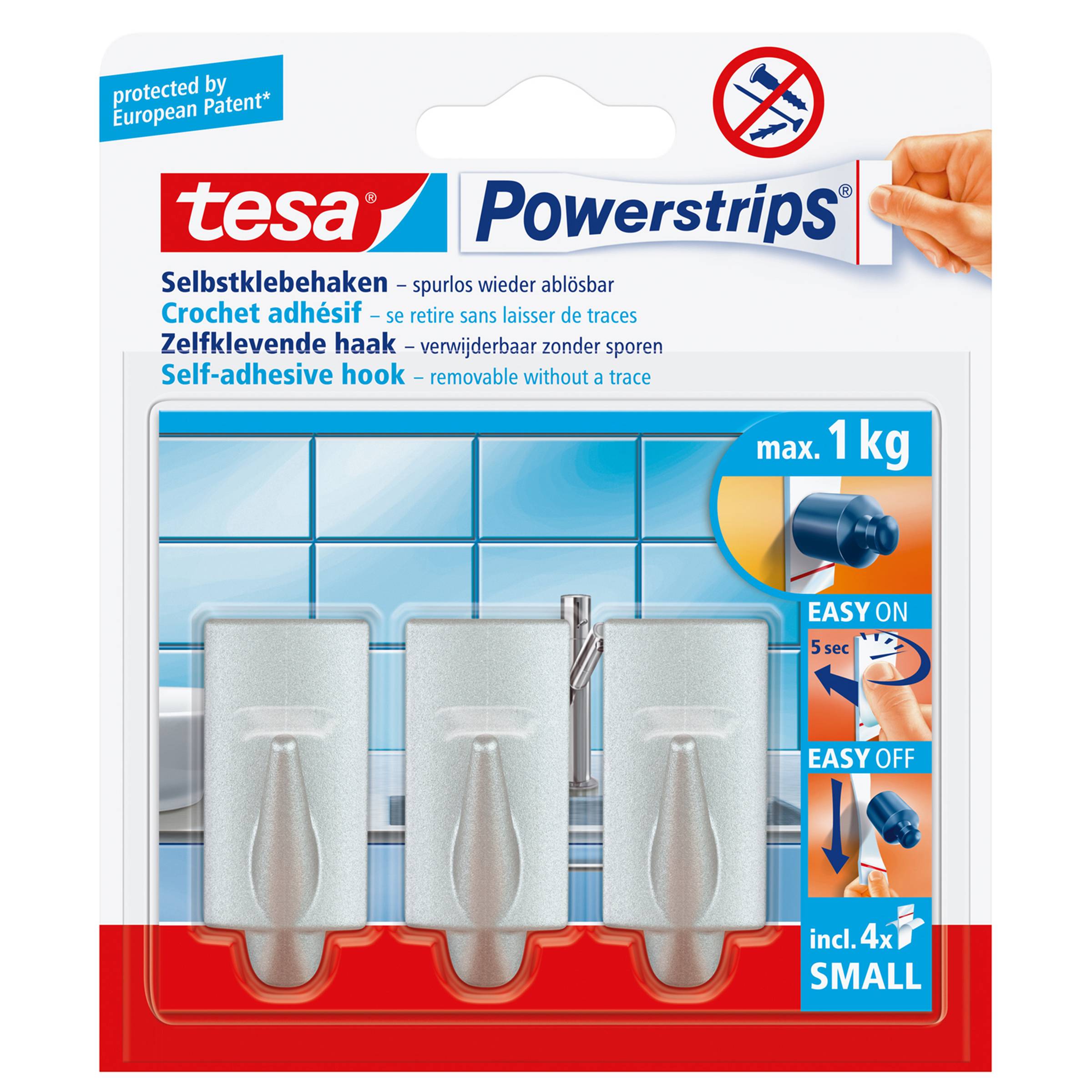 Packung tesa Powerstrips selbstklebende Haken, mit drei kleinen abnehmbaren Haken, max. 1 kg, einfach anbringen in 5 Sekunden und einfach zu entfernen.
