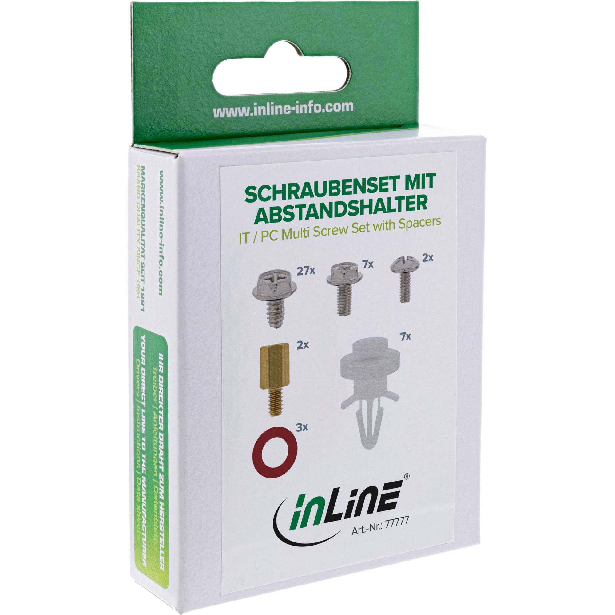 Verpackung für ein inLine-Mehrzweck-Schraubensatz mit Abstandshaltern, mit mehreren Schrauben, Messingabstandshaltern und Unterlegscheiben, beschriftet auf Deutsch und Englisch.