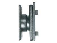 Seitenansicht einer Metall-Riemenscheibe oder Radanordnung mit zwei flachen Platten und einer zentralen gerillten Rolle.