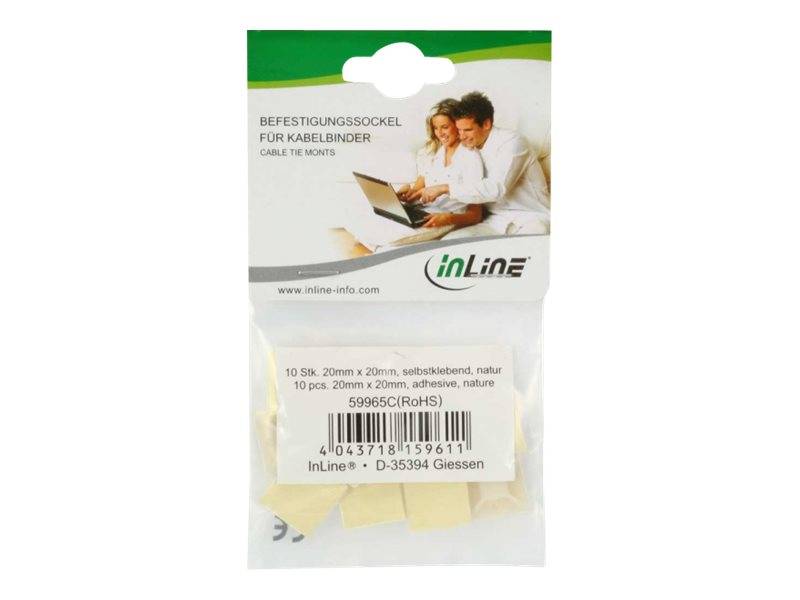 Paket InLine Klebstoff-Kabelbinder-Befestigungen, 10 Stück, 20 x 20 mm, Naturfarbe, mit Barcode und Produktkennzeichnung.