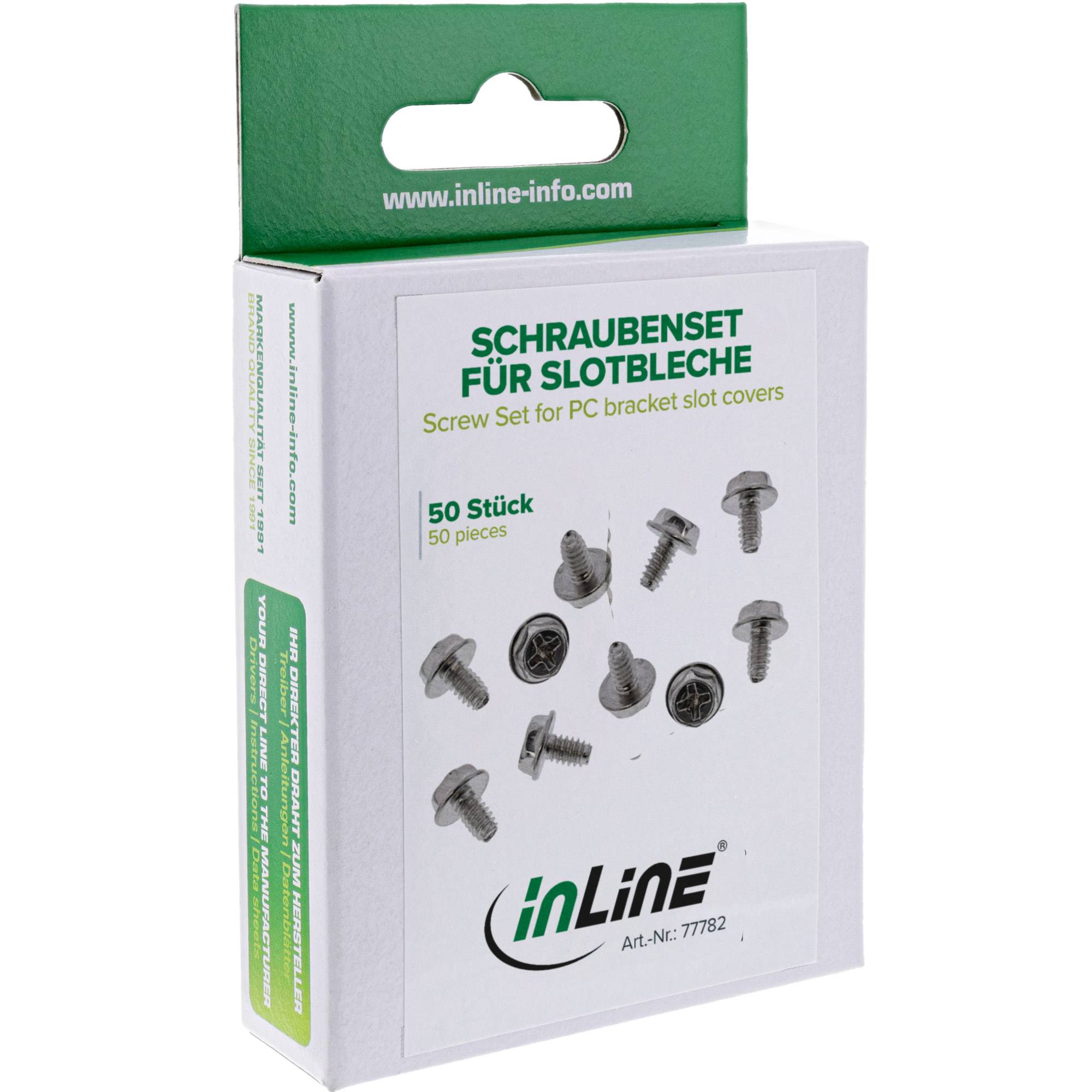 Kasten mit InLine Schraubensatz für PC-Slotblech-Abdeckungen, beschriftet mit "Schraubenset für Slotbleche"" und ""50 Stück"" mit Bildern der Schrauben.