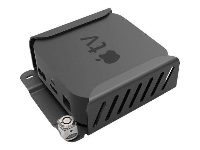 Schwarzes Apple TV-Gerät mit belüfteten Seiten und Montageklammer, perspektivisch auf weißem Hintergrund dargestellt.