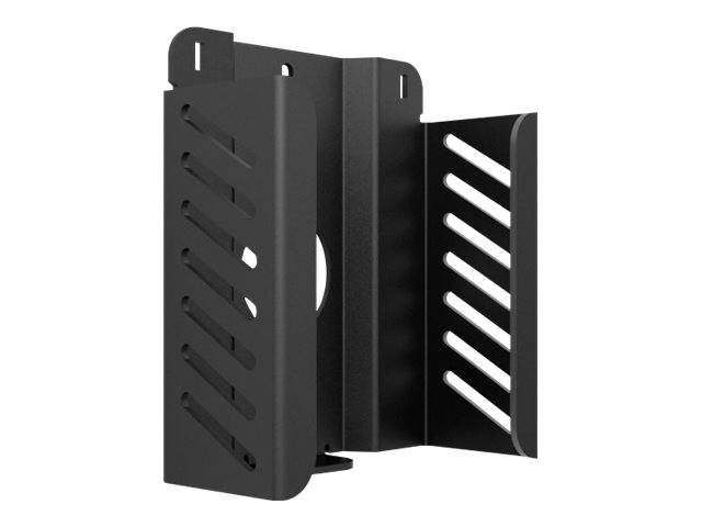 Schwarze an der Wand montierte Lüftungsabdeckung oder Halterung aus Metall mit geschlitzten Seitenpanelen und Montagelöchern, dargestellt in einer produktstilisierten isolierten Ansicht.