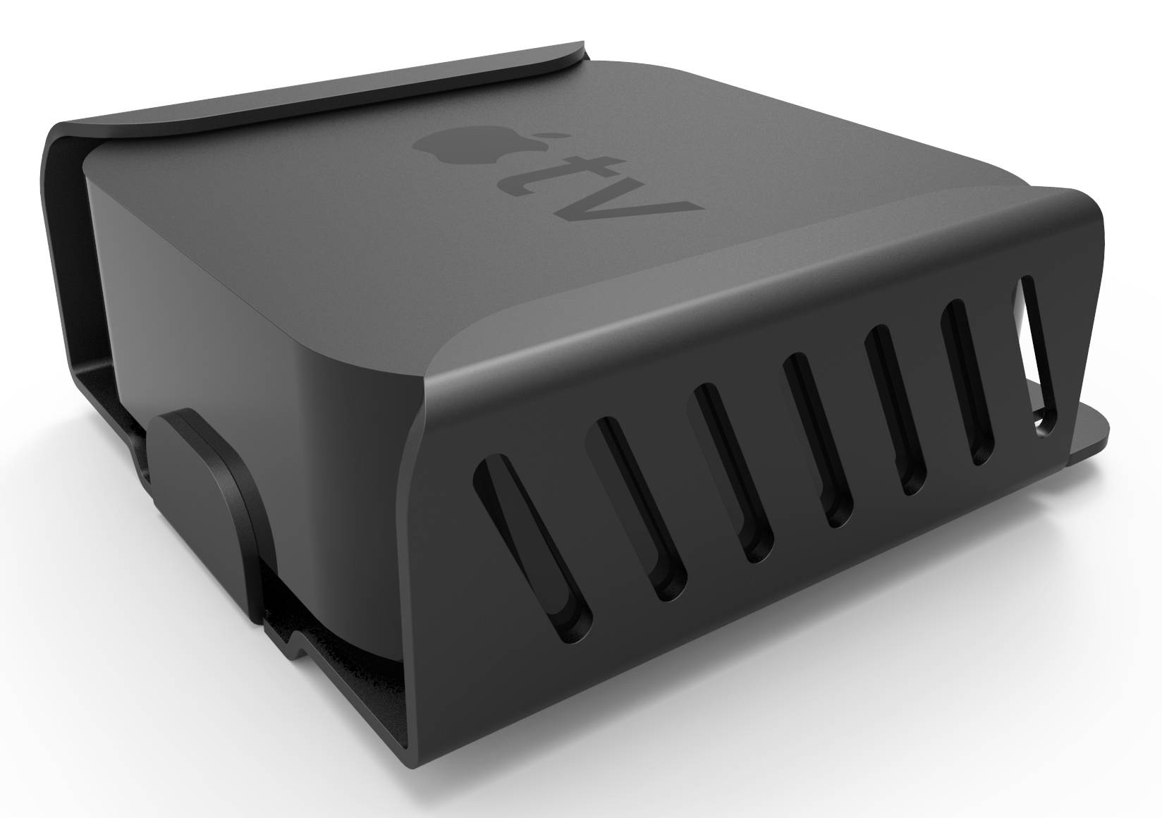 Schwarzer Apple TV Streaming Box mit belüfteter Vorderseite und abgerundeter rechteckiger Form auf weißem Hintergrund.