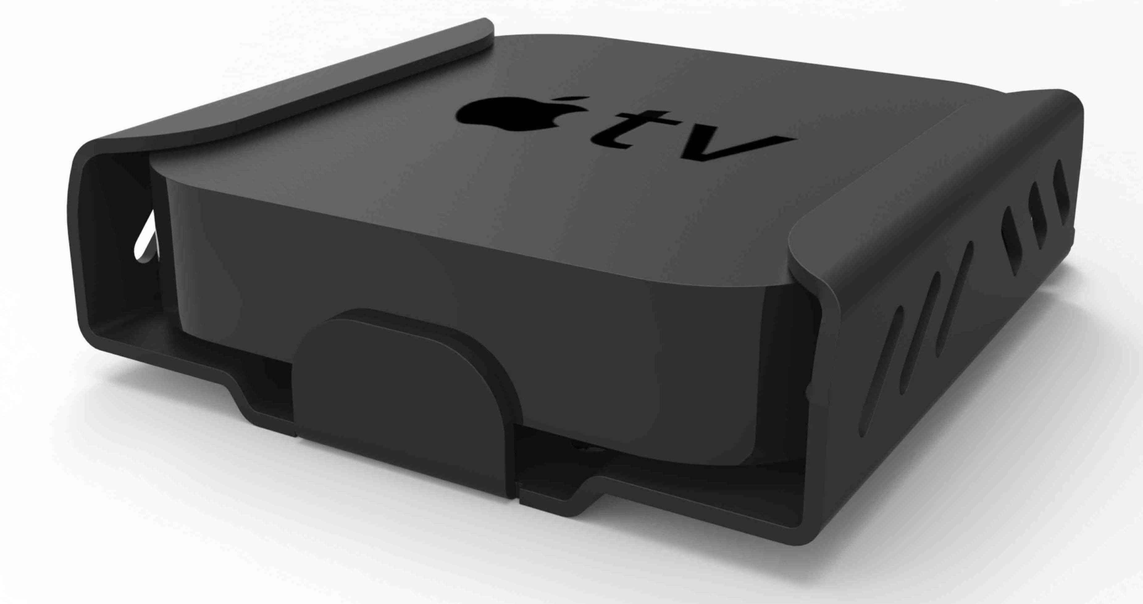 Schwarzes Apple TV-Streaming-Gerät in einer produktgestalteten 3D-Darstellung auf weißem Hintergrund.