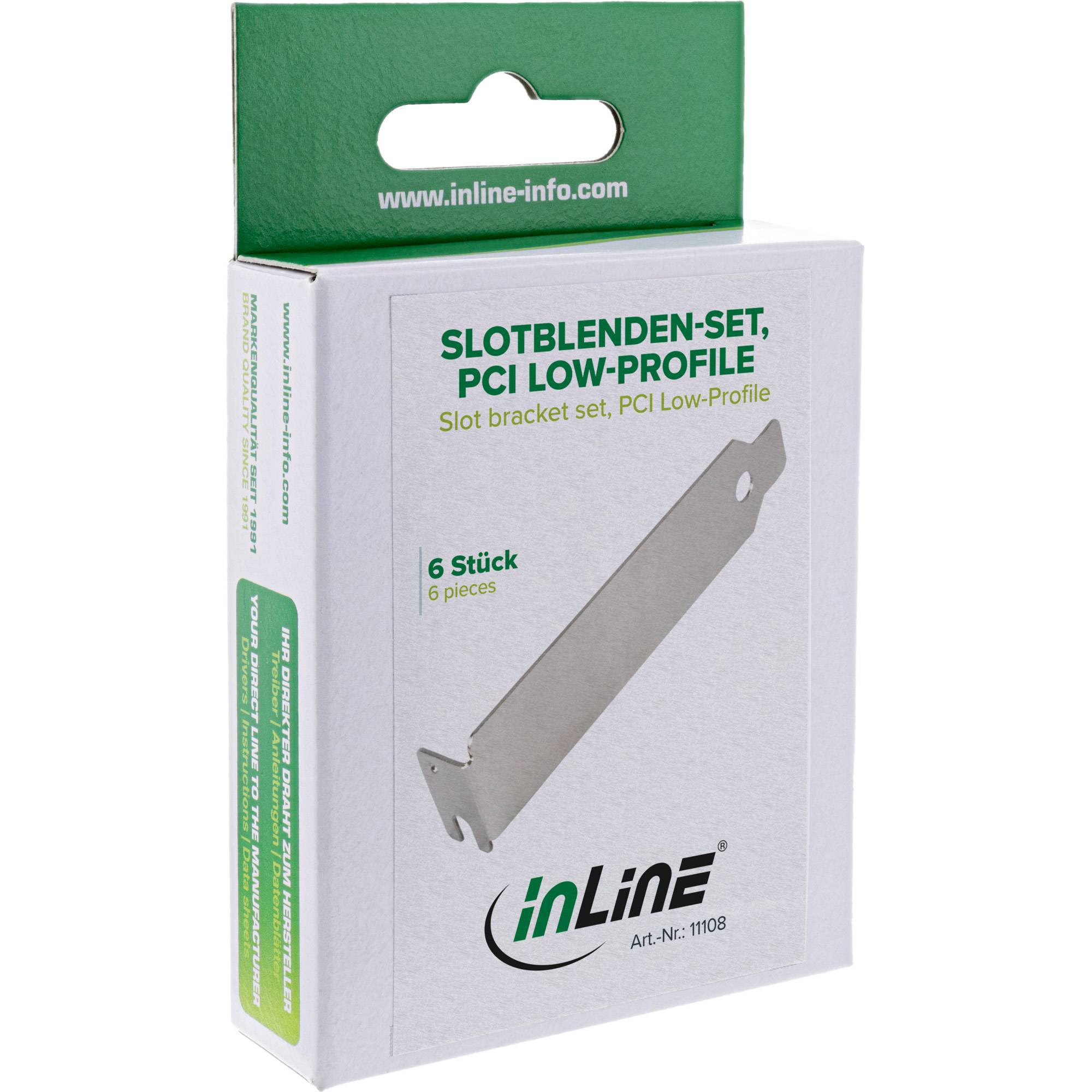 Paket des InLine 'Slotblenden-Set, PCI Low-Profile' Slotblendensatzes, das 6 Teile und eine Metallhalterung auf der Schachtel zeigt.