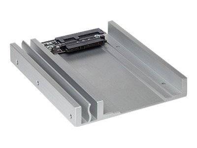 Metallisches Laufwerk-Adapterfach mit Stecker und Seitenschienen, das zum Montieren eines Computerlaufwerks oder einer Vorrichtung verwendet wird.