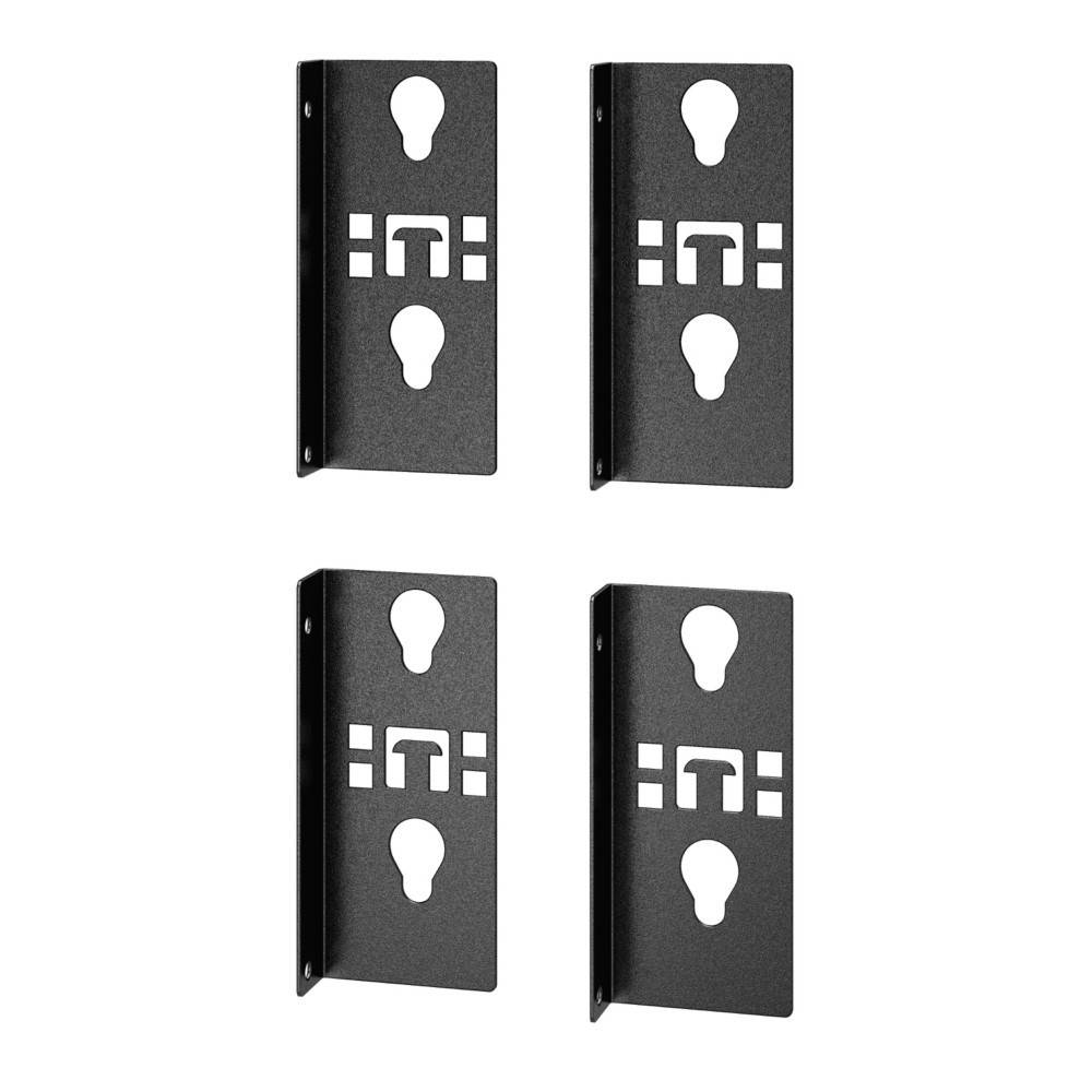 Vier schwarze Metallwandhalterungsplatten mit Schlüssellochdesign für eine sichere Befestigung.
