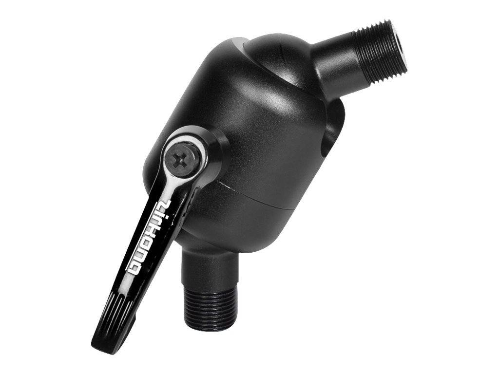 Schwarzer Inline-Sanitärfilter mit Hebelventil und Gewinde-Ein- und Ausgangsanschlüssen, dargestellt vor weißem Hintergrund.