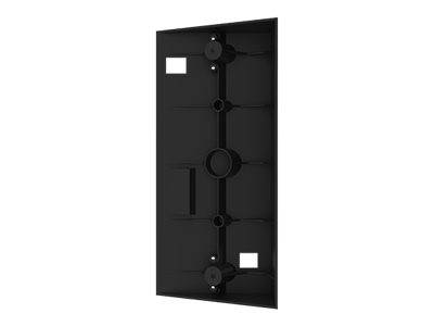 Schwarzes wandmontiertes Panel mit einer zentralen vertikalen Montageschiene, kreisförmigen Befestigungselementen und zwei kleinen weißen Aussparungen oder Etiketten oben links und unten rechts.