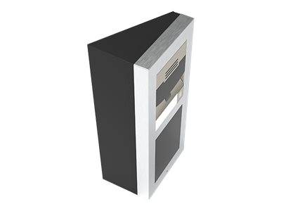 3D-Illustration eines wandmontierten schwarz-silbernen Geräts mit belüftetem Oberteil und großem vorderen Display oder Bedienfeld.
