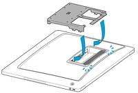 Diagramm einer Geräteabdeckung, die an einem rechteckigen Schlitz auf einer Basisplatte ausgerichtet und hineingesenkt wird, mit blauen Pfeilen, die die Einfügungsrichtung anzeigen.