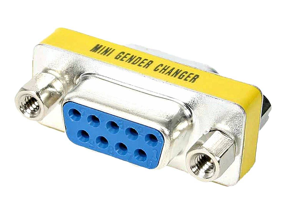 Mini-Geschlechtswechsel-Adapter mit einem blauen DB9-Buchse-Stecker und zwei silbernen Schraubanschlüssen, gekennzeichnet als 