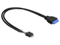 Schwarzes Kabel mit einem blauen rechteckigen Stecker an einem Ende und einer kleinen Stiftleiste am anderen Ende, gezeigt auf weißem Hintergrund.