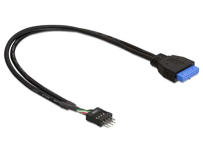 Schwarzes internes Computerkabel mit einem blauen 20-poligen Stecker auf der einen Seite und einer kleinen Stiftleiste auf der anderen Seite.