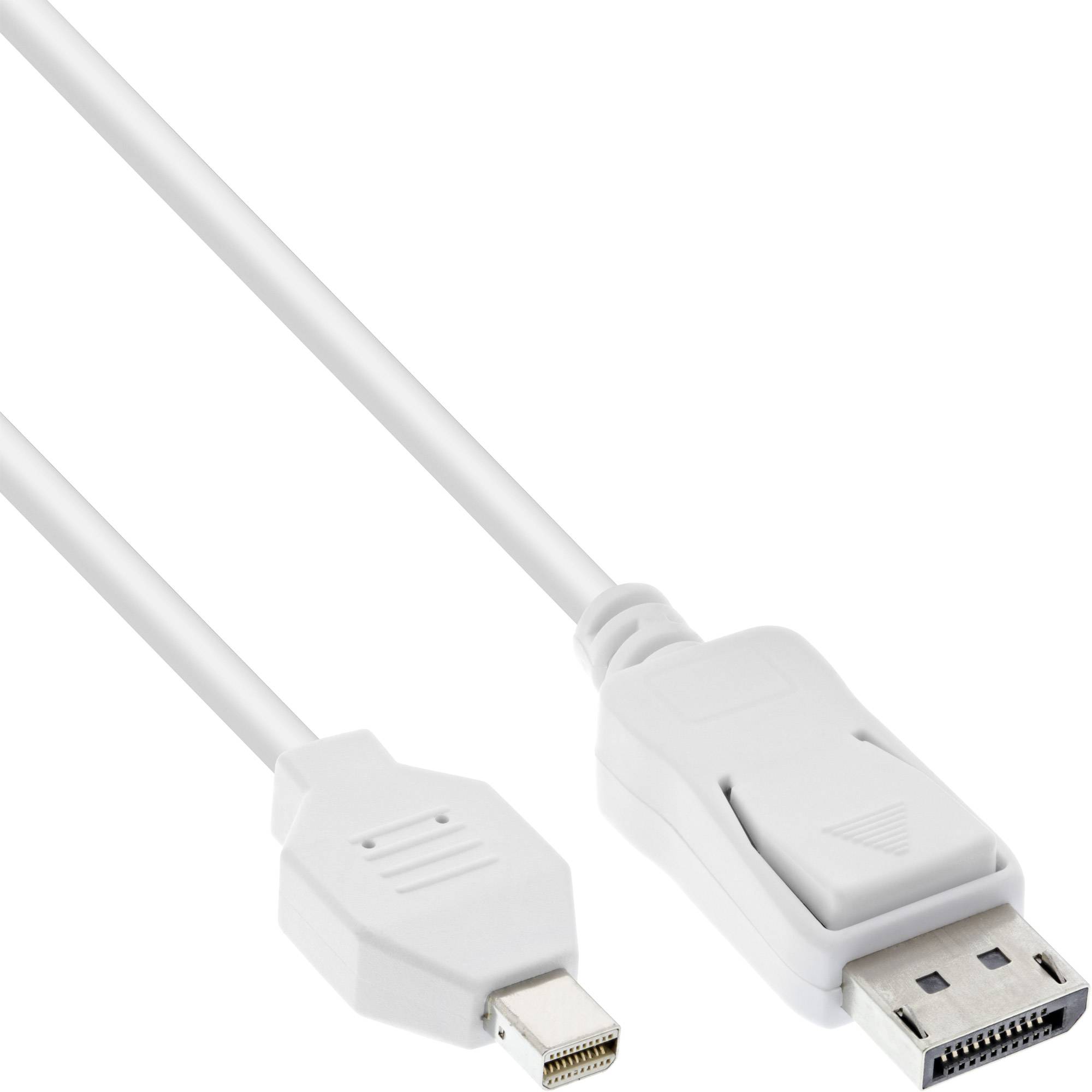Weißes Kabel mit zwei unterschiedlichen Videoanschlüssen: ein kleinerer Mini-DisplayPort-Stecker und ein größerer DisplayPort-Stecker.