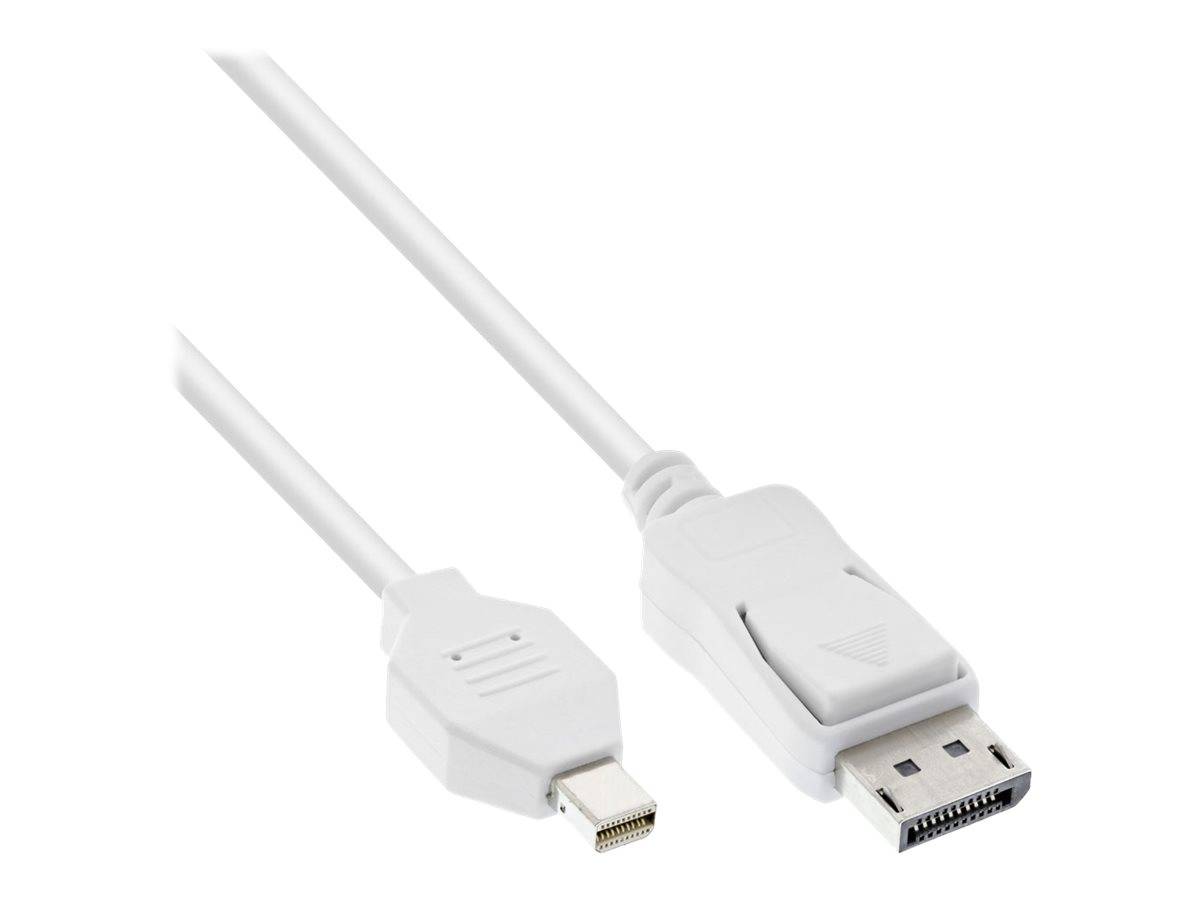 Weißes Kabel mit Mini-DisplayPort-Anschluss an einem Ende und DisplayPort-Anschluss am anderen Ende, gezeigt auf einem schlichten Hintergrund.