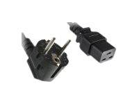 Schwarzer Stromstecker mit zwei Kontakten, der neben einer entsprechenden Anschlussbuchse auf weißem Hintergrund gezeigt wird.