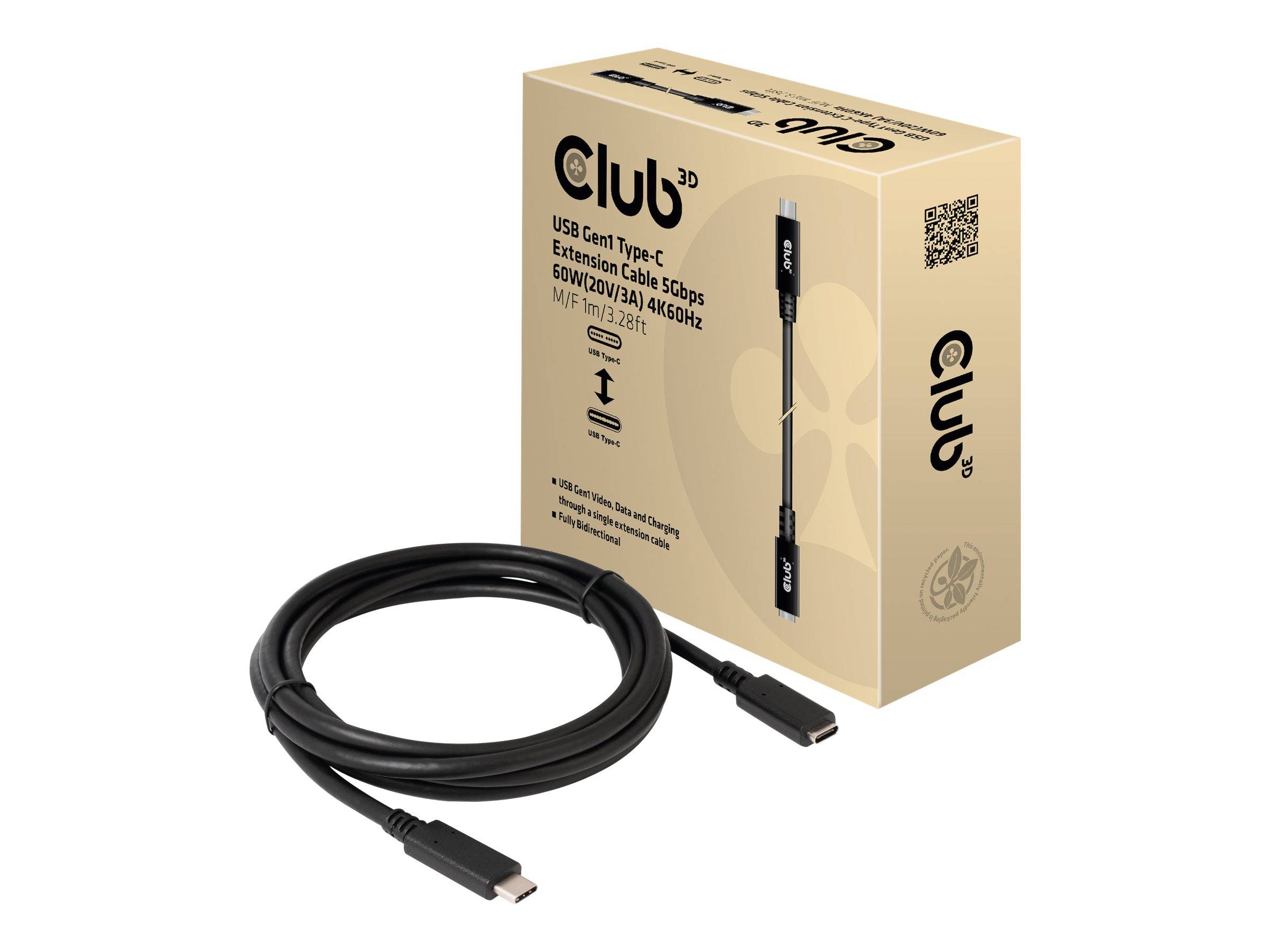 USB-C-Verlängerungskabel mit gewickelter schwarzer Schnur und Steckverbindern, abgebildet neben beiger club3D-Einzelhandelverpackung.