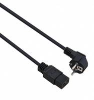 Schwarzes Stromverlängerungskabel mit einem rechtwinkligen europäischen Stecker auf der einen Seite und einer Buchse auf der anderen Seite.