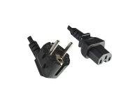 Zwei schwarze AC-Stromkabelstecker, ein europäischer Stecker und eine IEC-Stromeingangsbuche, auf weißem Hintergrund dargestellt.