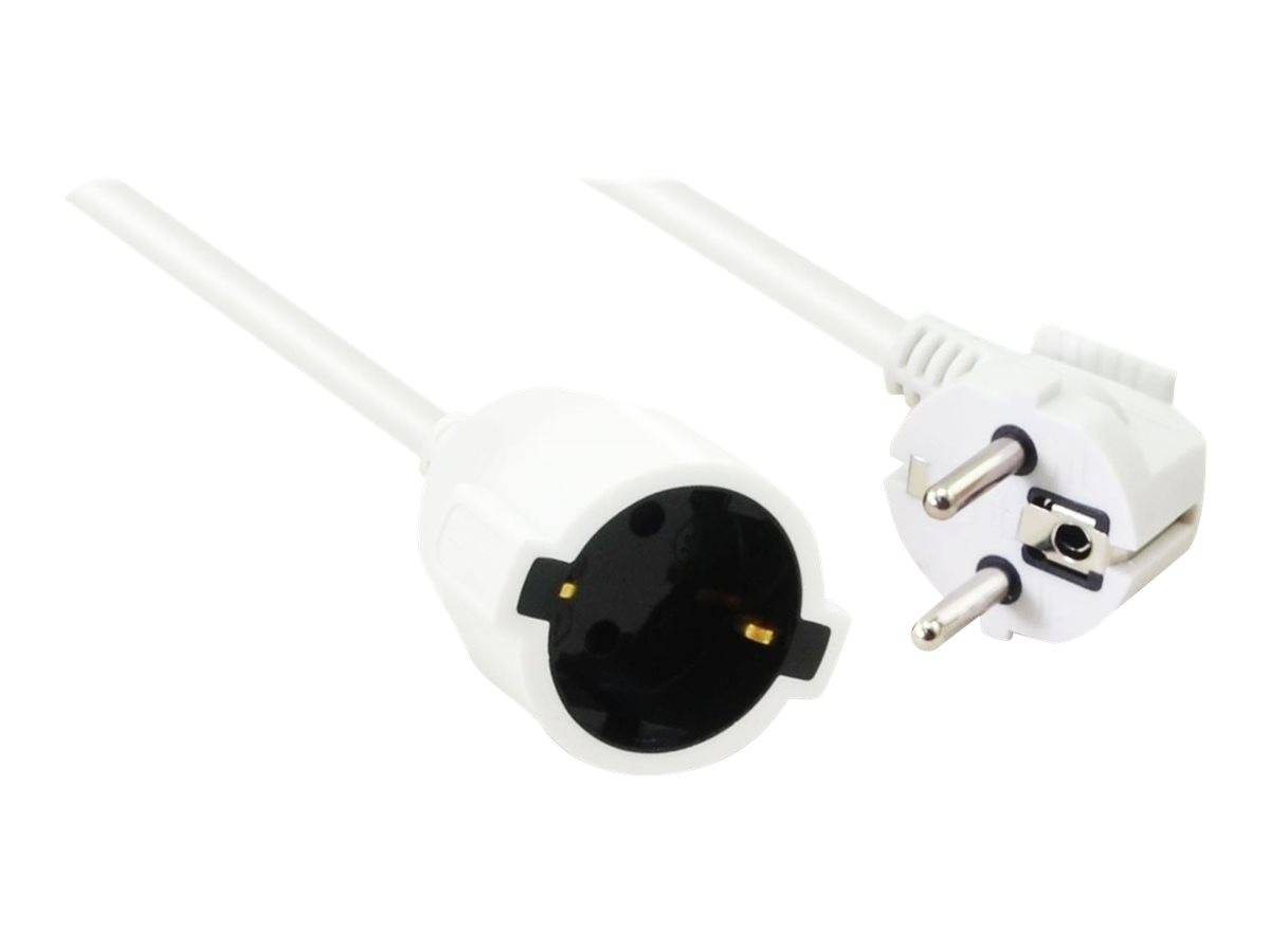 Weißer europäischer Stromstecker mit angebrachtem Kabel, gezeigt in Front- und angewinkelter Seitenansicht auf weißem Hintergrund.
