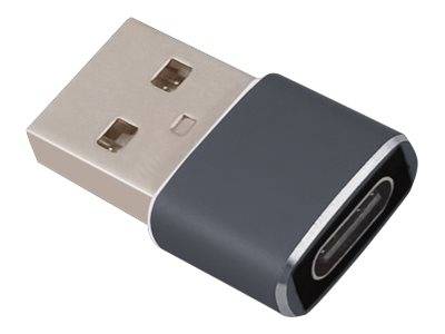 USB-A zu USB-C Adapter mit dunklem grauem Gehäuse und silbernem Metallstecker, gezeigt auf weißem Hintergrund.