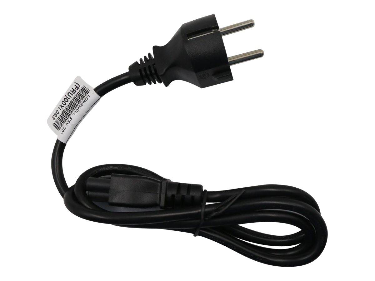 Schwarzes Stromkabel mit zweipoligem europäischem Stecker, aufgerollt und beschriftet, auf weißem Hintergrund.