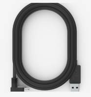 Aufgerolltes schwarzes USB-Ladekabel mit Winkelstecker und Standard USB-A-Stecker.