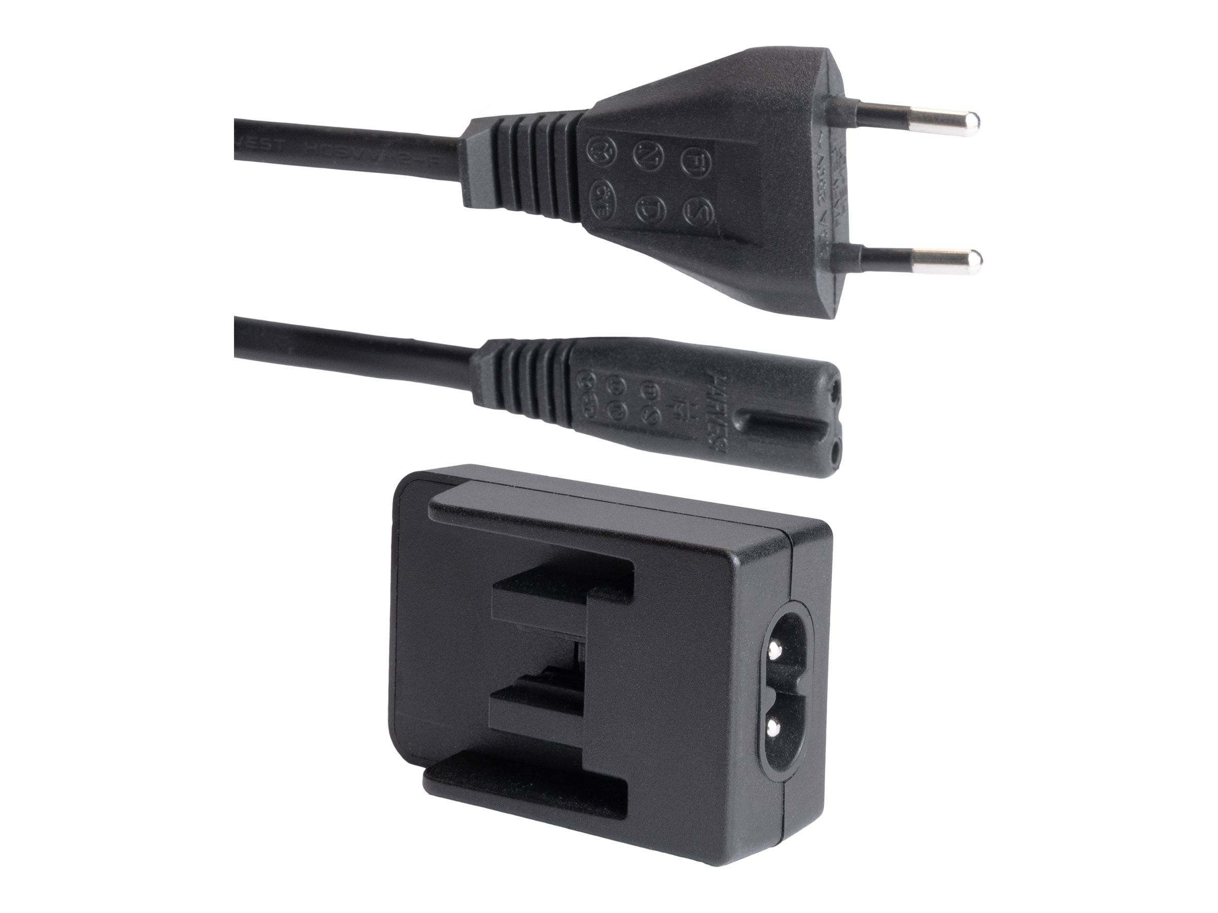 Schwarzes zweipoliges Stromkabel und Adapterset, das einen europäischen Stecker, einen weiblichen Anschluss und einen kleinen Steckeradapter auf weißem Hintergrund zeigt