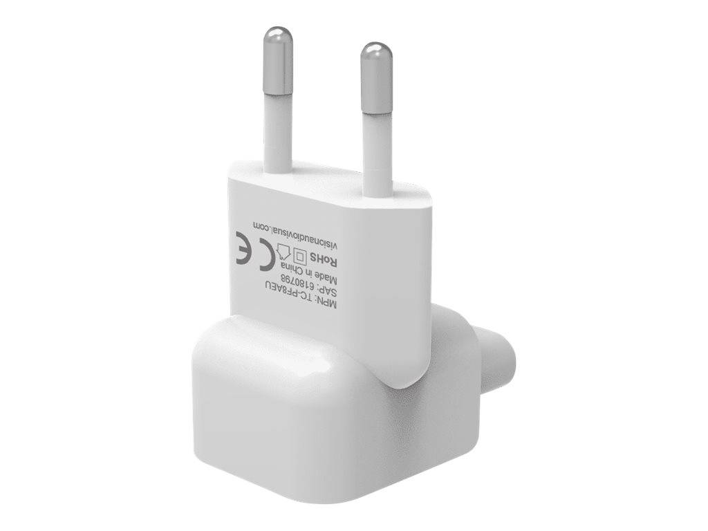 Weiße europäische Steckeradapter im europäischen Stil mit zwei runden Stiften und seitlichem Erdungspin, isoliert auf weißem Hintergrund dargestellt.