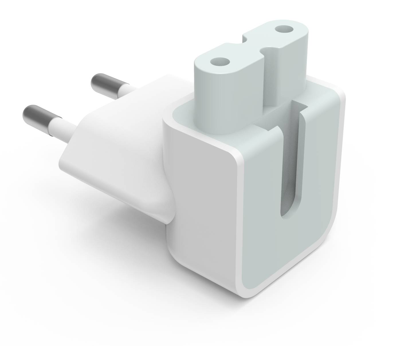 Weißer Elektrostecker-Adapter mit zwei runden Stiften und einer Steckdosenöffnung, gezeigt auf schllichtem Hintergrund.