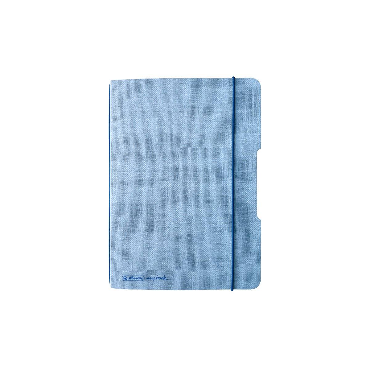 Hellblaues Hardcover-Notizbuch oder Tagebuch mit Gummiband-Verschluss und Seitenkennzeichnung, gezeigt vor weißem Hintergrund.