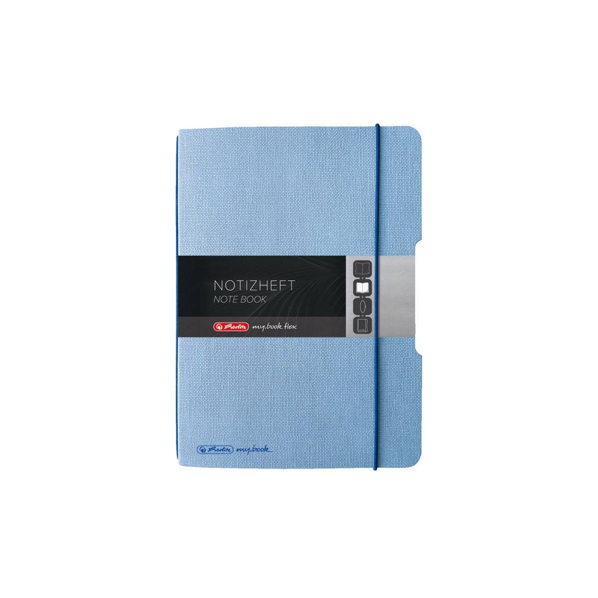 Hellblaugebundenes Notizbuch mit Gummiband, auf der Vorderseite mit „NOTIZHEFT NOTE BOOK