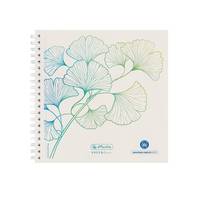 Spiralgebundener Notizbuchdeckel mit Pastellstrichzeichnungen von Ginkgo-Blättern in Blau und Grün auf cremefarbenem Hintergrund.
