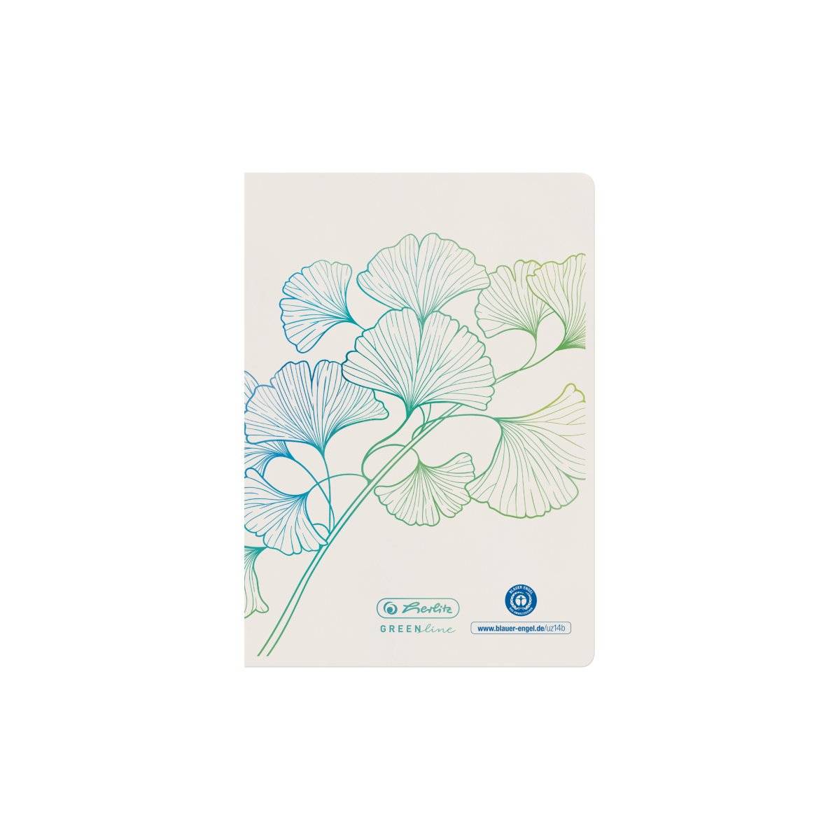 Minimalistischer Notizbucheinband mit Strichzeichnungen von Ginkgoblättern in Blau und Grün auf cremefarbenem Hintergrund, mit kleinen Logos am unteren Rand.