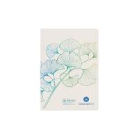 Notizbuchcover mit pastellblauem und grünem Blumen-Linienzeichnungs-Design und kleinem Logo-Text am unteren Rand