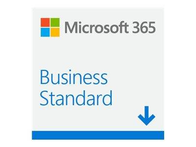 Microsoft 365 Business Standard-Produktkastenikon mit Logo, blauem Text und Abwärtspfeil, der Download oder Kauf anzeigt