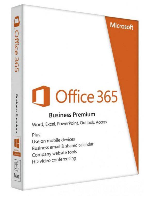 Microsoft Office 365 Business Premium Softwareverpackung mit Logo und Text, auf dem Word, Excel, PowerPoint, Outlook, Access, mobile Nutzung, E-Mail, Kalender, Website-Tools und HD-Videokonferenzen aufgelistet sind.