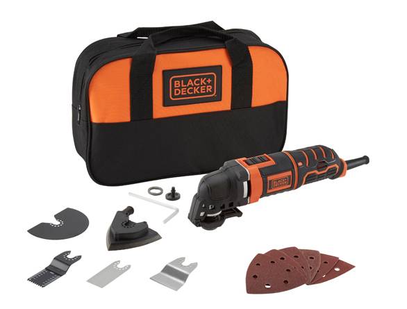 Black+Decker Oszillierschleifer-Multifunktionswerkzeugset mit Transportkoffer, Schleifblatt-Zubehör, Schleifpads, Schraubenschlüssel und Adapterstücken.