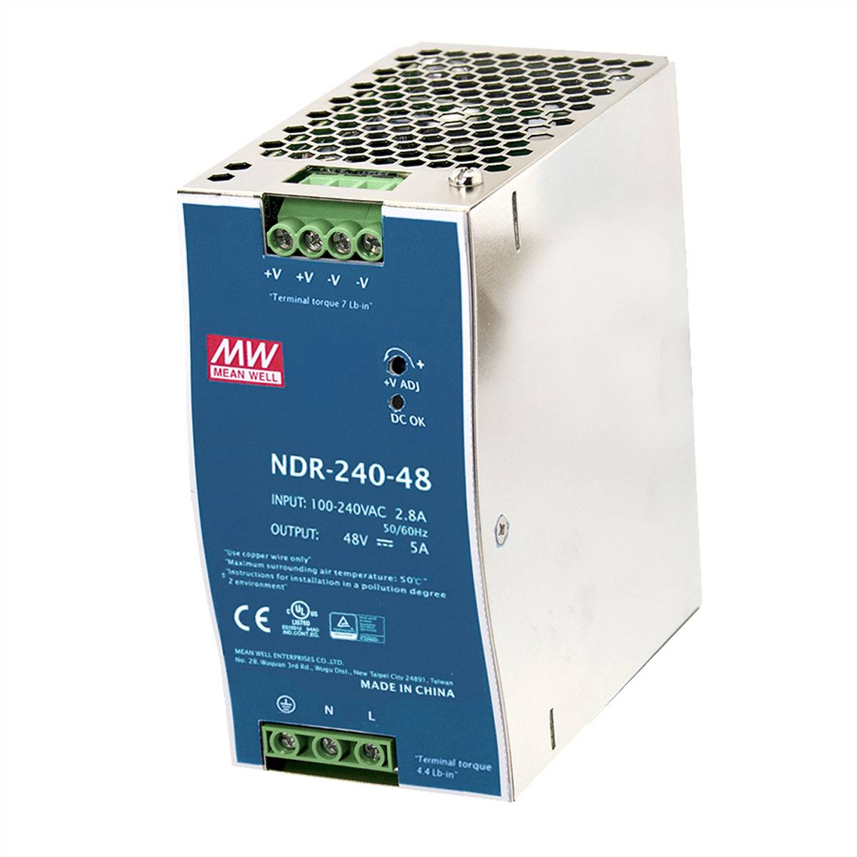 Industrial Mean Well NDR-240-48 Stromversorgungsgerät mit blauem Frontschild, grünen Anschlussblöcken und Metallgehäuse.