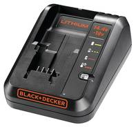 Black+Decker Lithium-Akkuladegerät für 14,4V-18V Werkzeugakkus mit Ladezustandsanzeige-Kontrollleuchten.