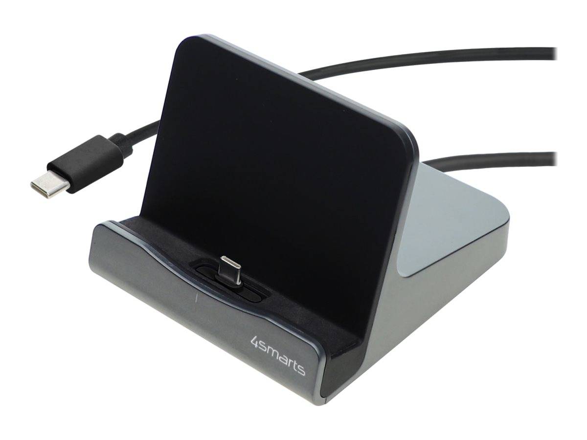 Schwarzes Telefon-Ladedock mit USB-C-Kabel und Anschluss, konstruiert zum Halten und Laden eines Smartphones.