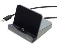USB-C-Ladedock mit angebrachtem Kabel, das ein Telefon oder kleines Gerät aufrecht auf einem grauen Ständer hält.