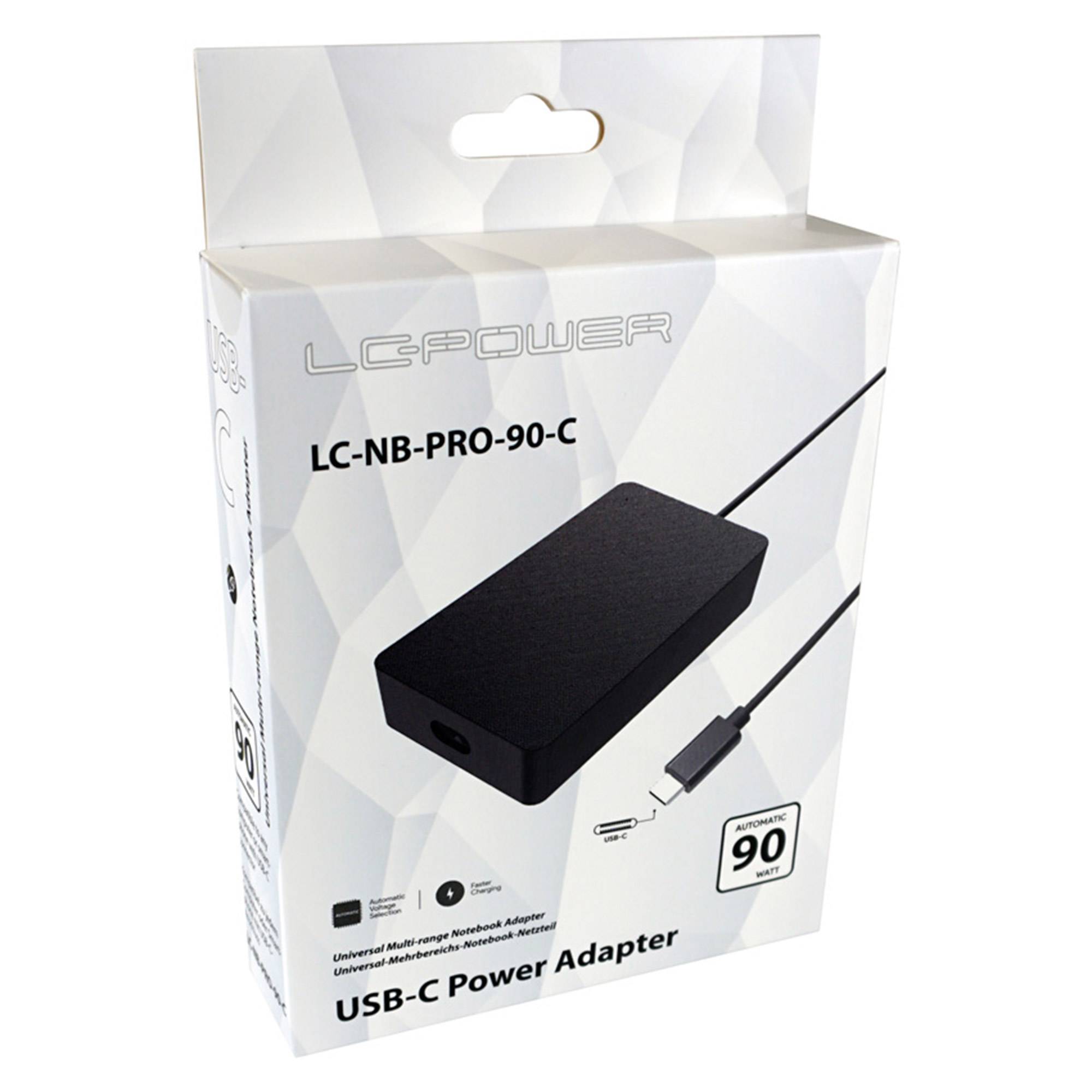 Produktbox für einen LC-Power LC-NB-PRO-90-C USB-C-Stromadapter, zeigt ein schwarzes Ladegerät und Kabel mit „90W