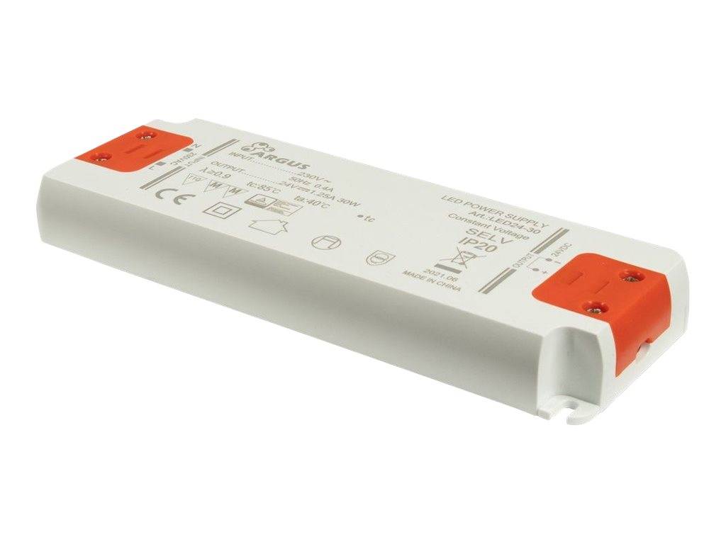 Weiße rechteckige LED-Treiber-/Stromversorgung mit orangefarbenen Endkappen auf einem neutralen Hintergrund.