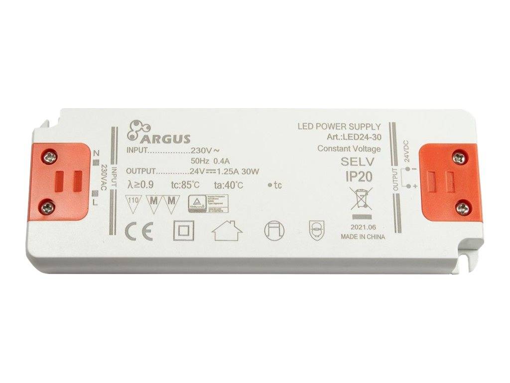 Weiße ARGUS LED-Stromversorgungseinheit mit orangefarbenen Anschllussklemmen, gekennzeichnet mit 230V Eingang und 24V DC Ausgang, SELV IP20, 30W.