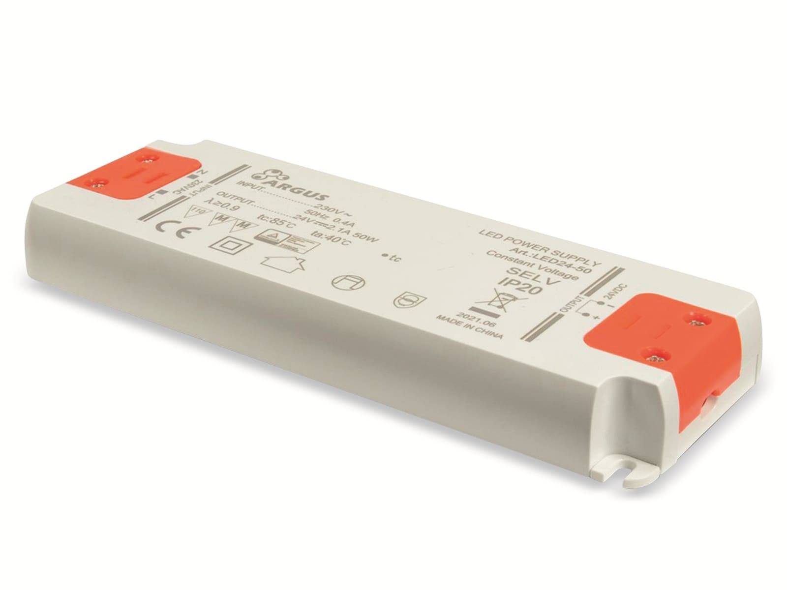 Eine rechteckige LED-Stromversorgungseinheit mit roten Enden, mit Spezifikationen und Sicherheitszeichen auf ihrer Oberfläche. Hergestellt von ARGUS, mit sichtbaren Modelldetails.