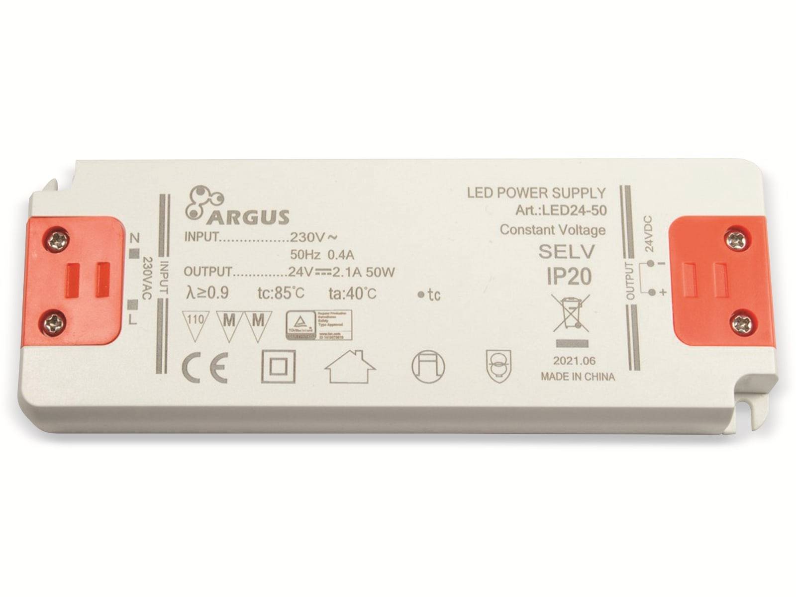Argus LED-Stromversorgung, Modell LED24-50, Eingang 230V, Ausgang 24V 2,1A 50W, IP20-Schutzart, hergestellt in China.