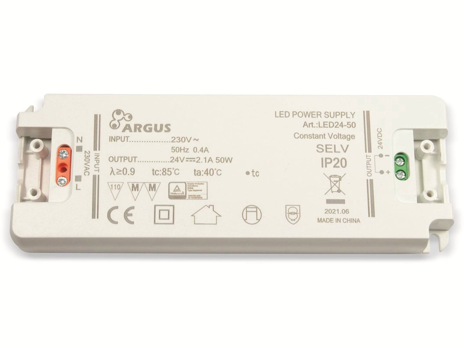 Ein rechteckiges LED-Netzteil mit der Bezeichnung „ARGUS